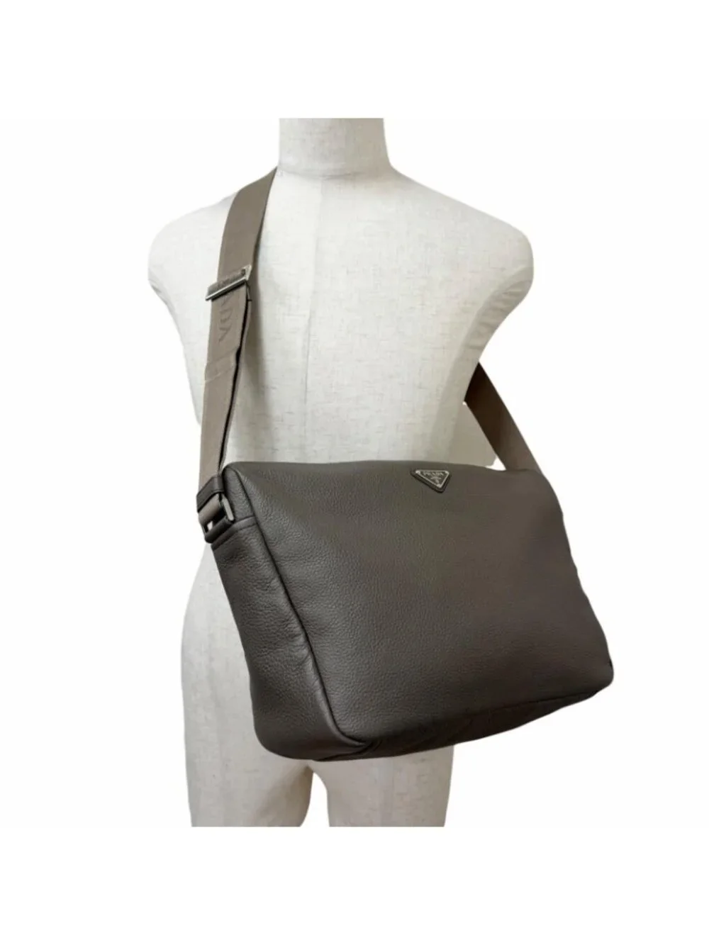 Prada Vitello Daino Leather Triangle Logo Crossbody Shoulder Bag Gray